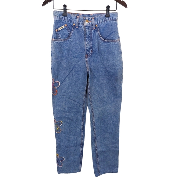 Vintage Hollywood Women's Size 27 100% Cotton Denim Jeans with Flower Pa… - Picture 2 of 15